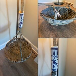 Antique Hanging Basket with Blue and White Porcelain Handle